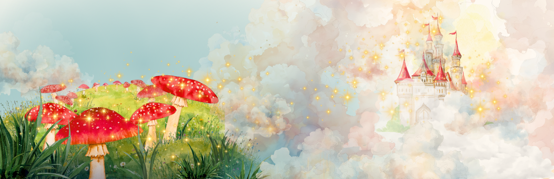 A circle of red mushrooms on a wildflower hill with magic sparkles leading up into fluffy pink clouds with a red-spired castle in the sky.