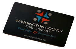 Photo image of real WCFL library card in black.