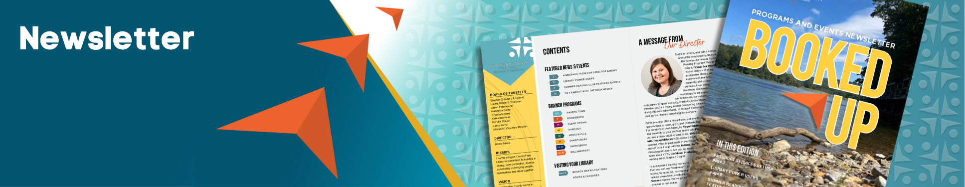 Newsletter banner with three orange arrows pointing to open booklet.
