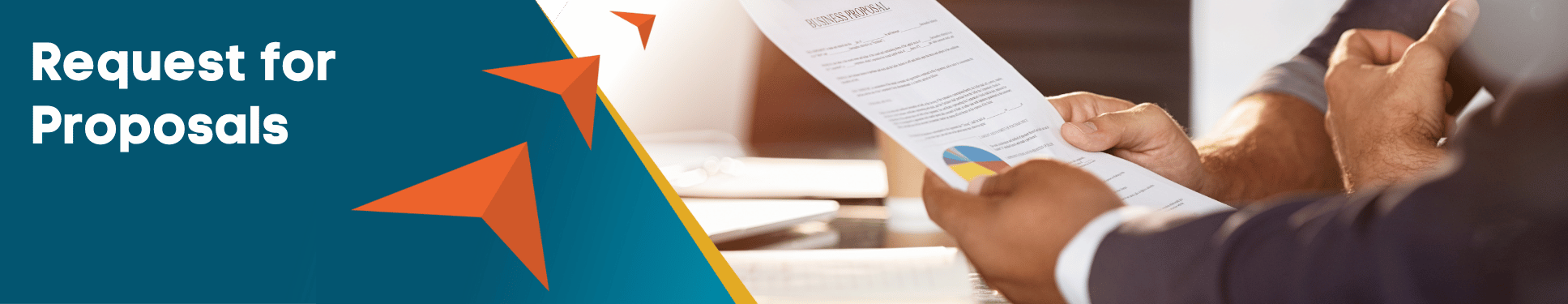 Request for Proposal on blue rectangle with slanted edge with 3 orange triangles overlapping over person's arms holding a proposal paper.