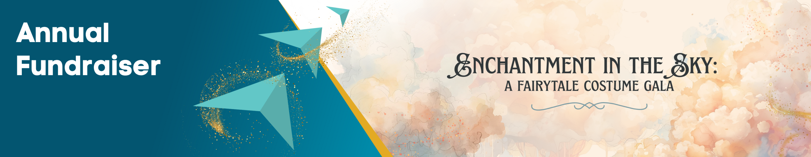 Peach colored, fluffy cumulus clouds clouds behind text: Enchantment in the Sky Fairytale Costume Gala.